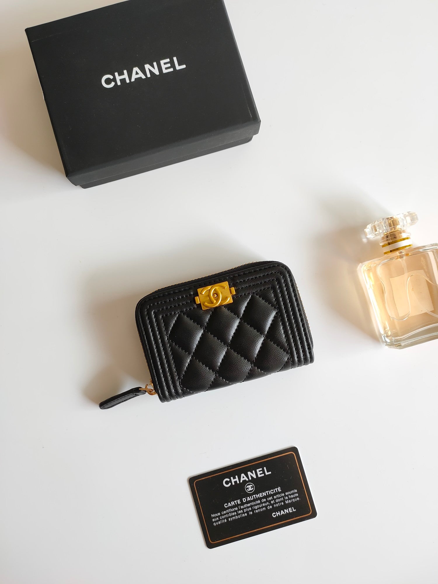 CHANEL BOY ZIP COIN PURSE 11.5 BLACK CALFSKIN GOLD ICON