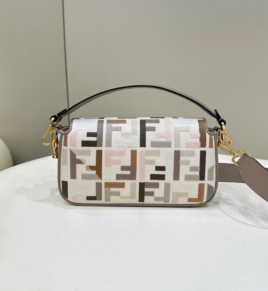 BAGUETTE CANVAS 27 BAG GREY STRAP WITH MULTICOLOUR EMBROIDERY GOLD HARDWARE