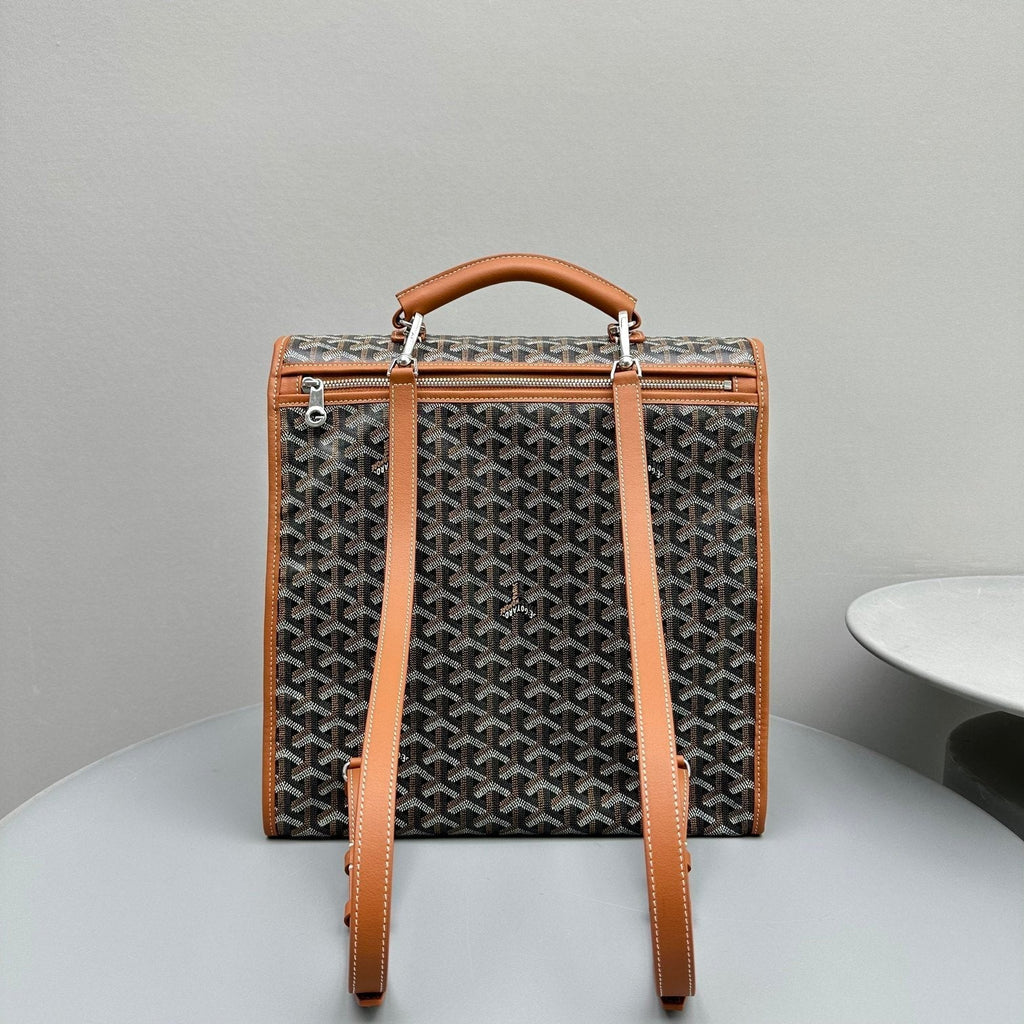 LEGER BACKPACK 37 IN BLACK GOYARDINE CANVAS WITH TAN CALFSKIN TRIM