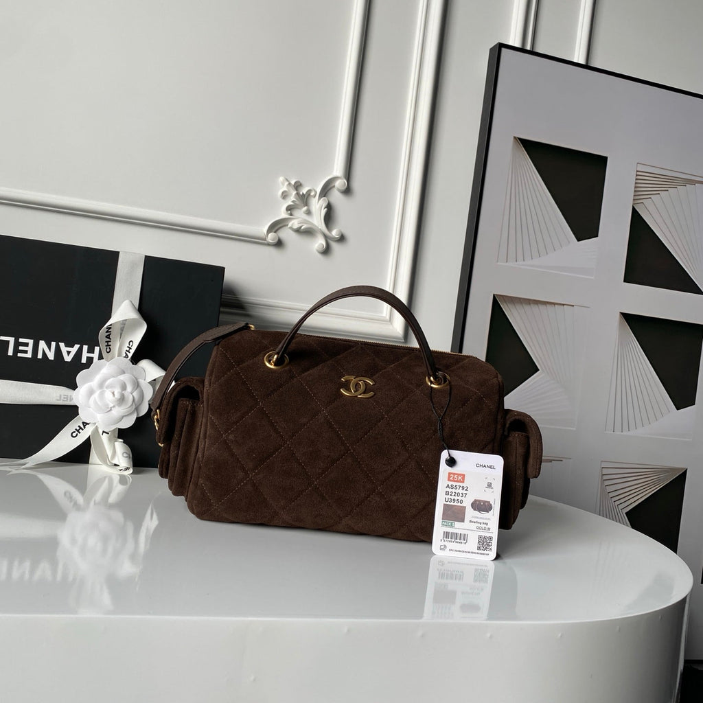 CHANEL 25S BOWLING BAG 24 IN DARK BROWN SUEDE GOLD HARDWARE
